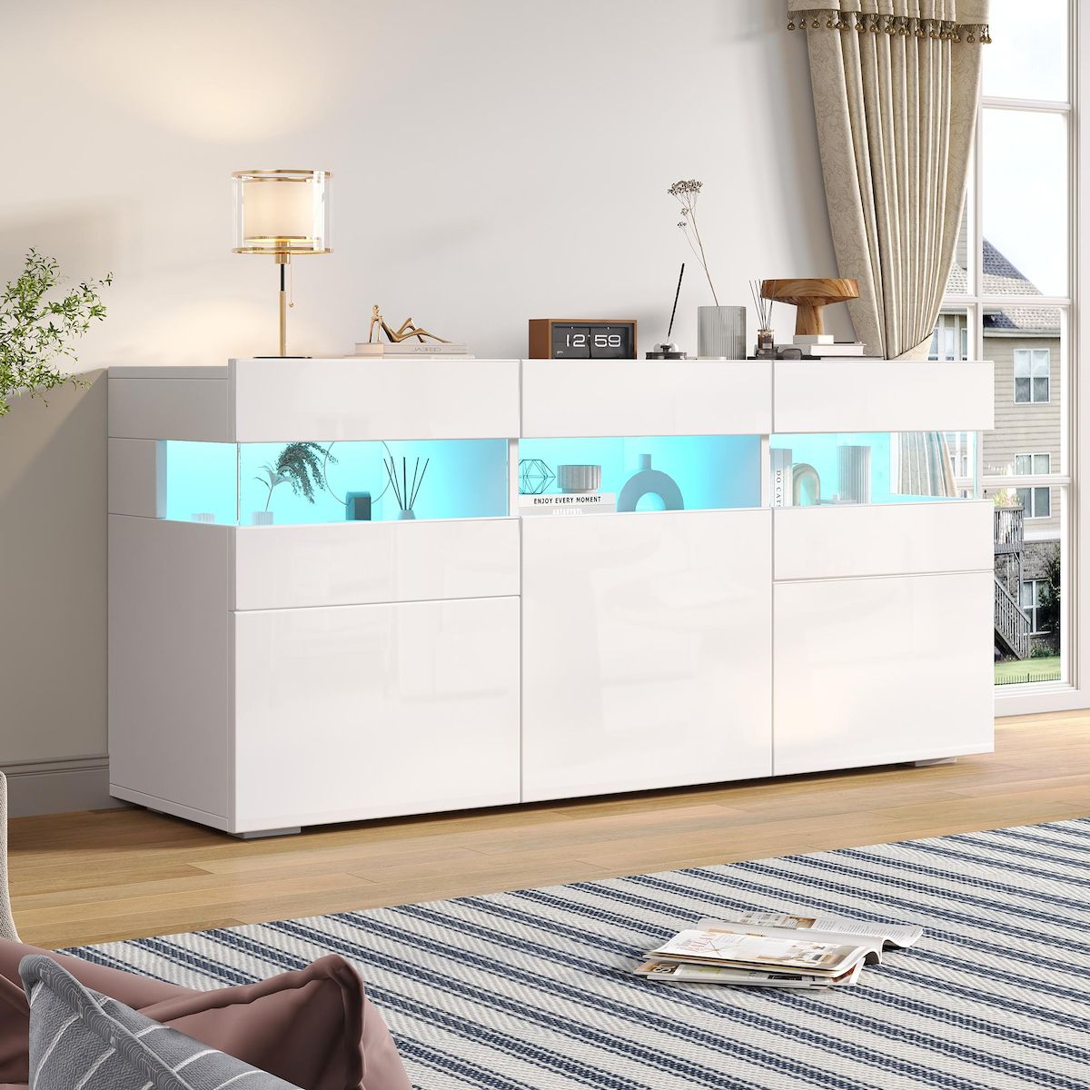 MERAX Buffet 3 porte(s) 1 tiroir(s) - 140 cm blanc led panneau de particules
