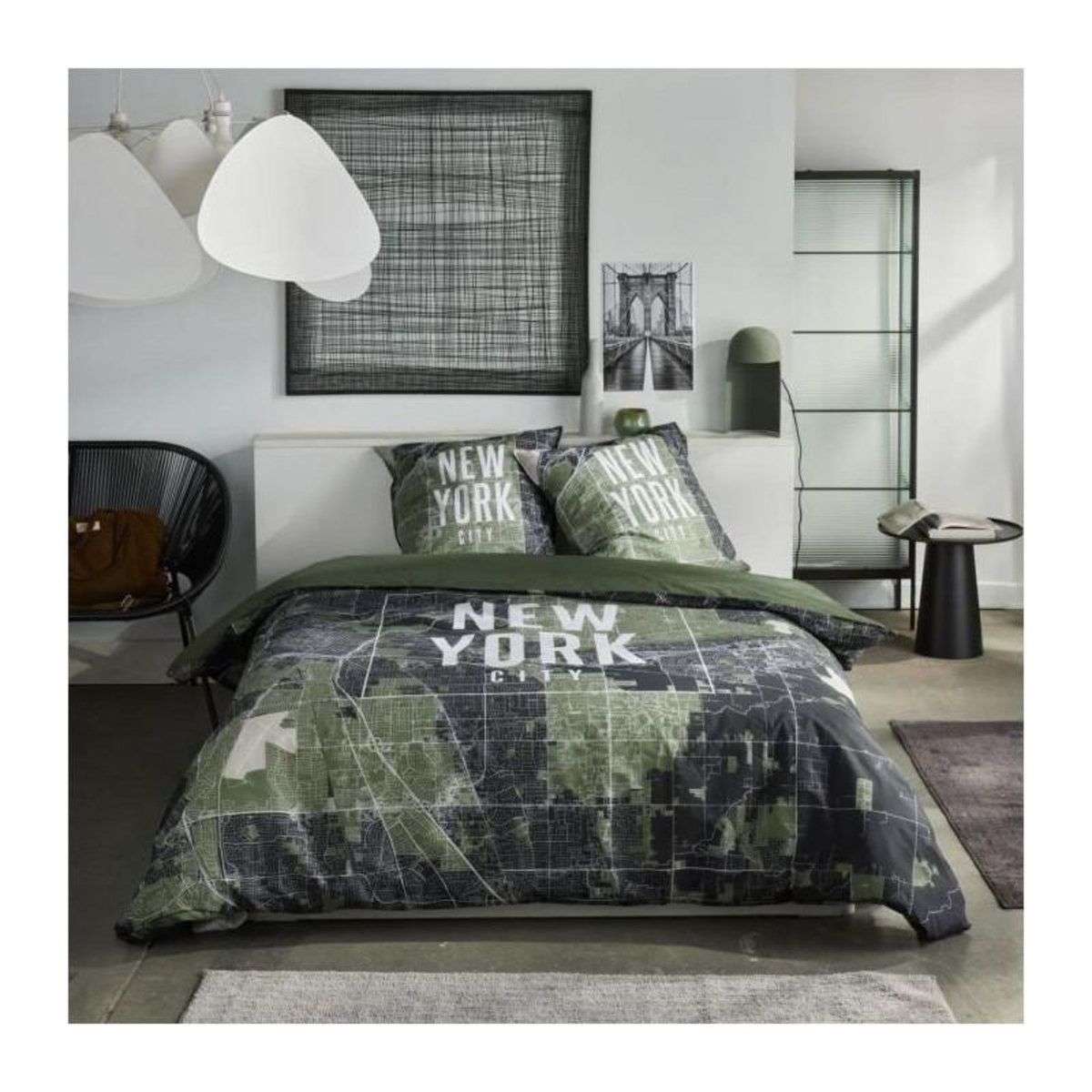 Today Parure de lit - TODAY - JAVA - 2 personnes - 240x220 cm - Coton - Imprimé New York - Vert