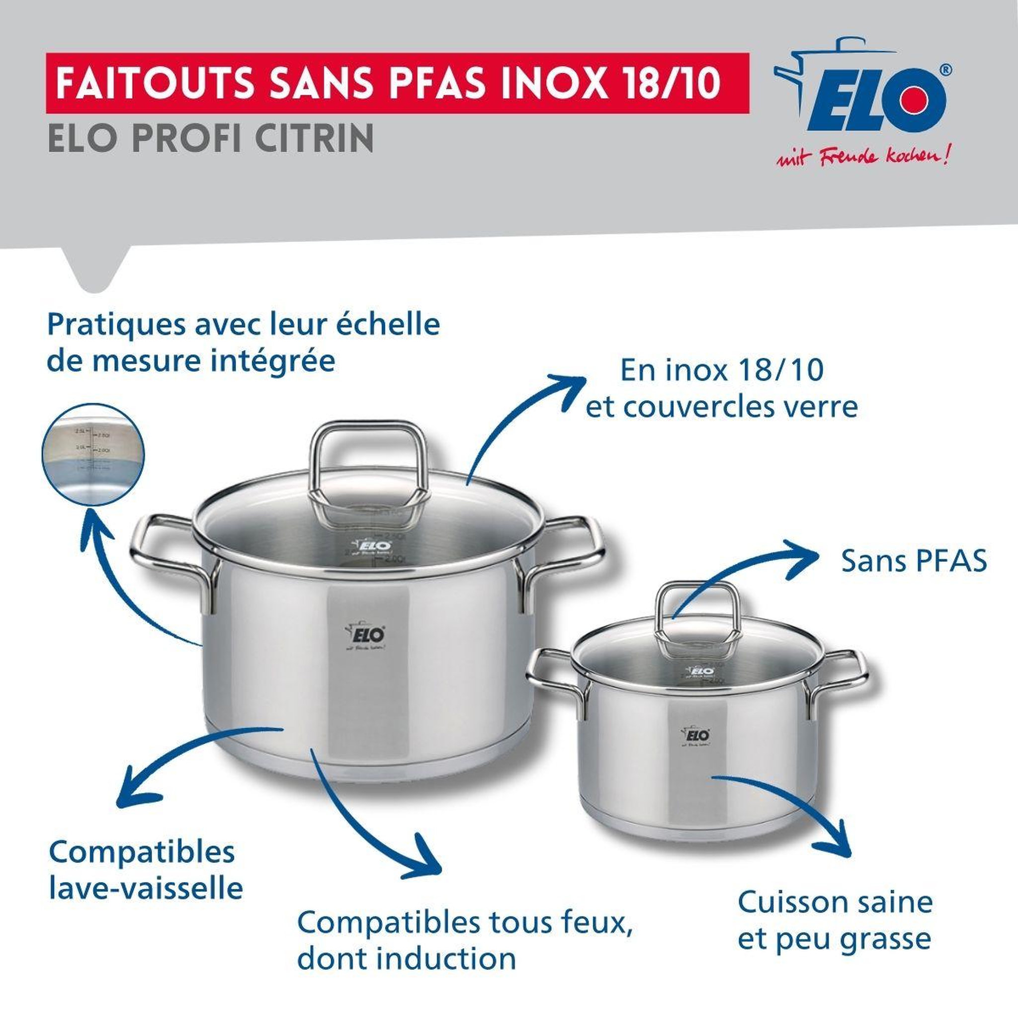 Voir la diapositive 3 : ELO Ensemble de 1 poêle de cuisson 28 cm et 2 faitouts 14 et 20 cm elo profi citrin