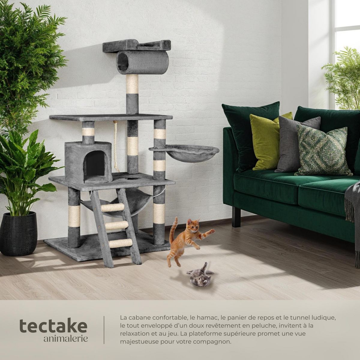 tectake Arbre à chat 141 cm avec griffoir et plateforme d'escalade gris