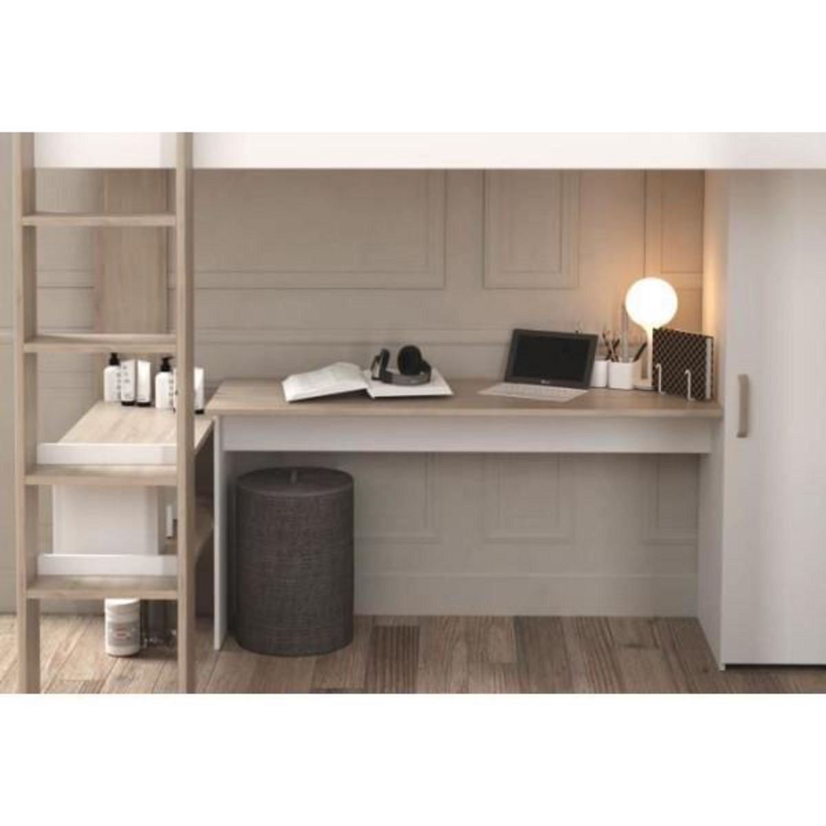 PARISOT Lit double mezzanine combiné enfant ALEXANDRA avec 2 bureaux et rangements - 2x90x200 cm - Blanc/Chene - Sommiers inclus - PARI