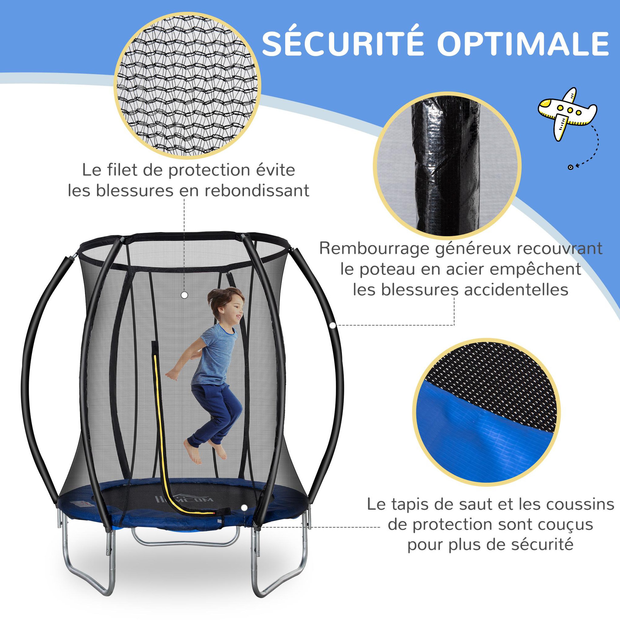 Voir la diapositive 5 : HOMCOM Trampoline enfant Ø 2,25 × 2,35H m filet de sécurité porte zipée couvre-ressorts 6 poteaux rembourrés incurvés bleu