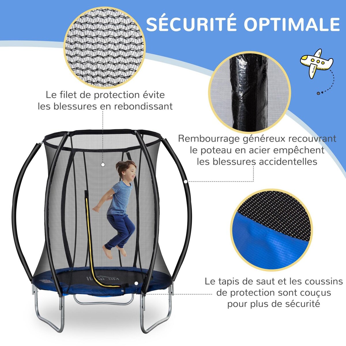 HOMCOM Trampoline enfant Ø 2,25 × 2,35H m filet de sécurité porte zipée couvre-ressorts 6 poteaux rembourrés incurvés bleu