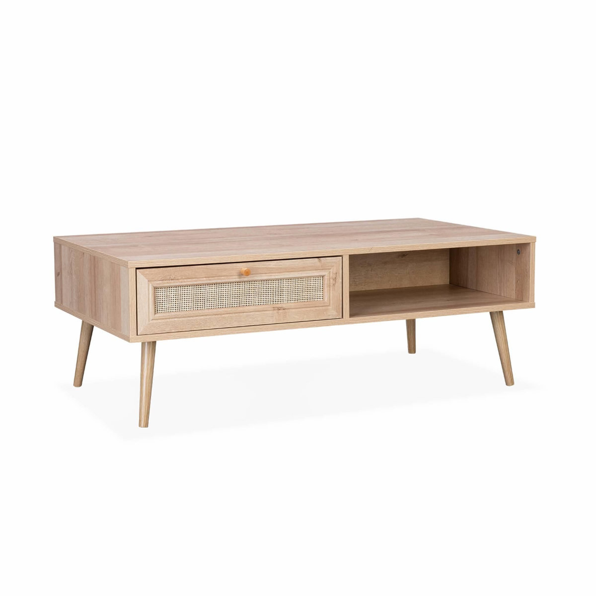 SWEEEK Table basse en cannage 110 x 59 x 39 cm - Bohème - Naturel. 1 tiroir. 1 espace de rangement. pieds scandinaves