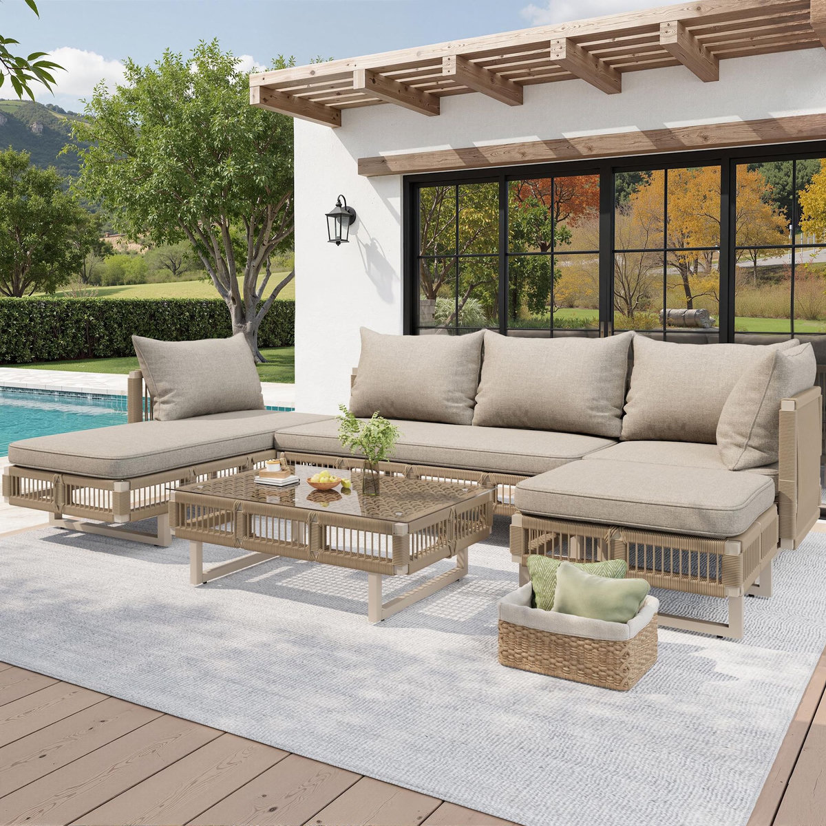 MERAX Salon de jardin modulaire pour 5-6 personnes en fer, avec coussins épais et table en verre