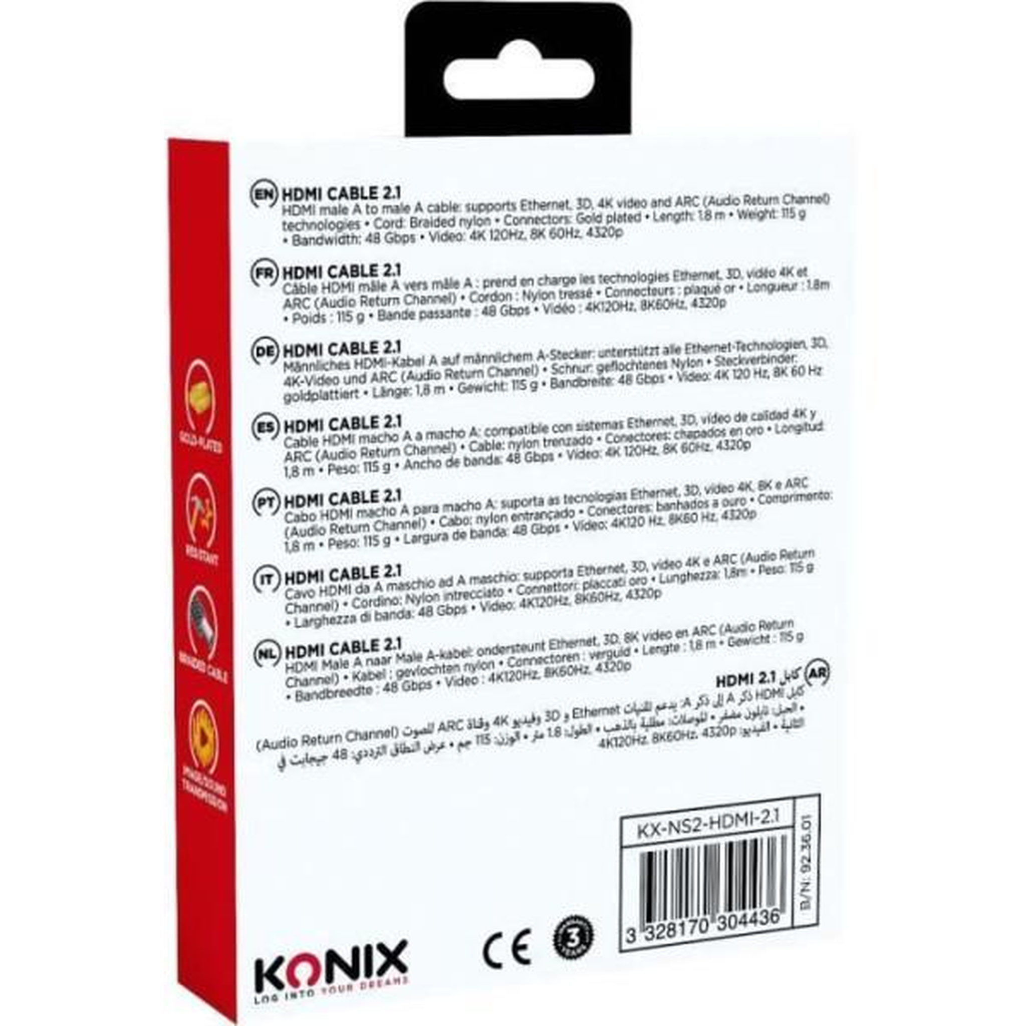 Voir la diapositive 3 : Konix Câble HDMI 2.1 - KONIX - Nintendo Switch 2 - Compatibilité 4K et 8K - Nylon tressé - Longueur 1,8 m - Noir
