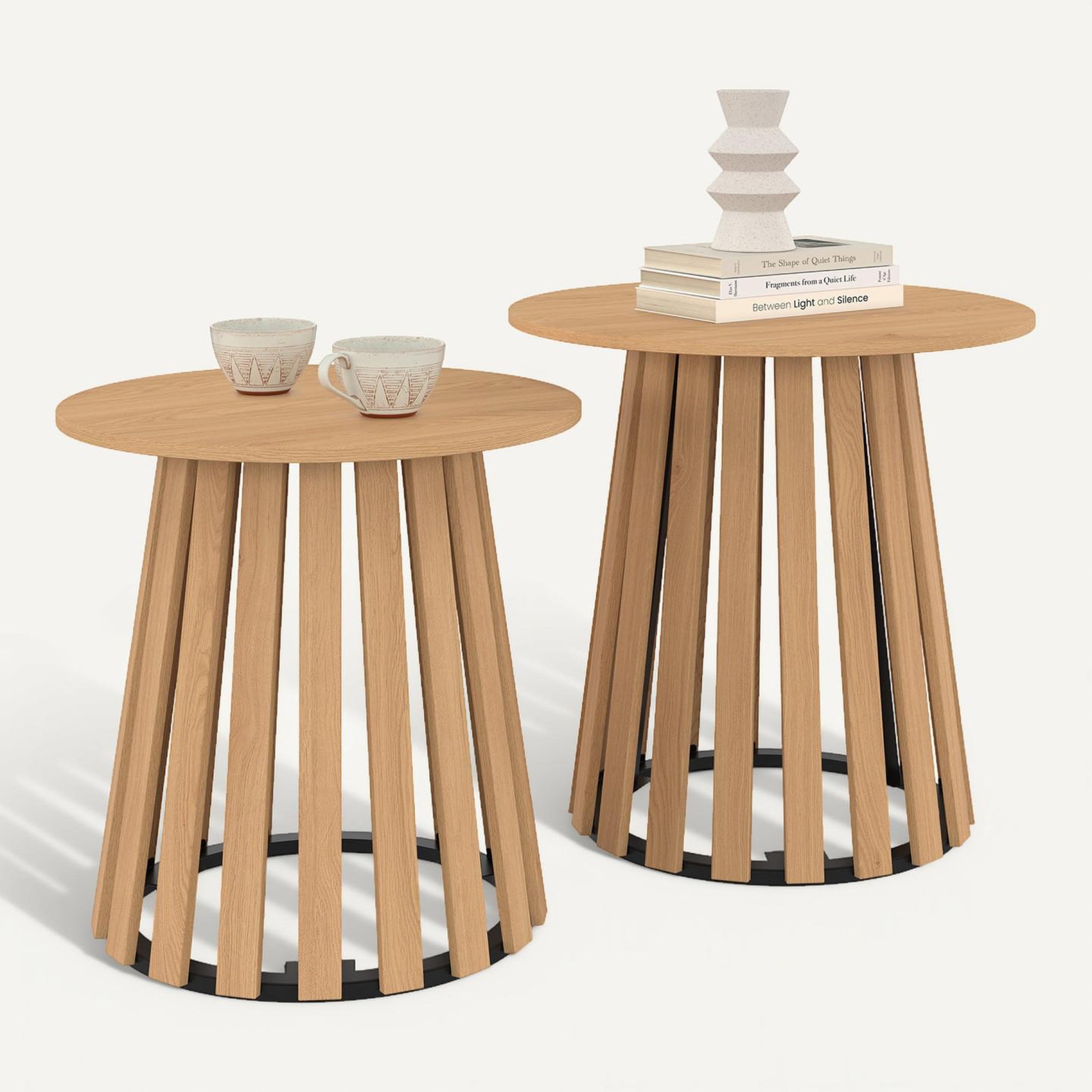 Voir la diapositive 6 : ID MARKET Lot de 2 tables d'appoint rondes, bouts de canapé, tables de chevet carmen 40/45 cm pied bois en lattes et plateau bois