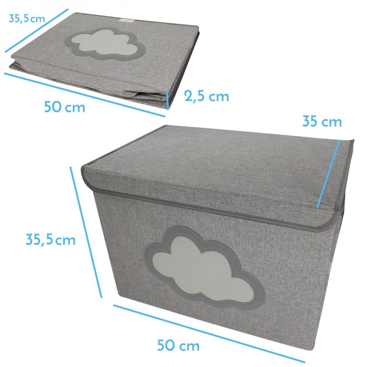 Monsieur Bébé Lot de 2 boites de rangement, coffre à jouets pour enfant avec couvercle - 50 x 35.5 x 35 cm - Gris Nuage