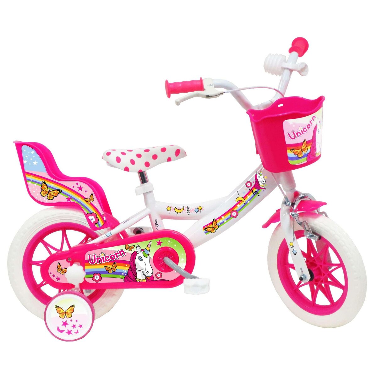  Vélo 12   Fille  LICORNE/UNICORN  pour enfant de 85/100 cm  avec stabilisateurs à molettes - 1 frein - Panier avant - Porte poupée arrière