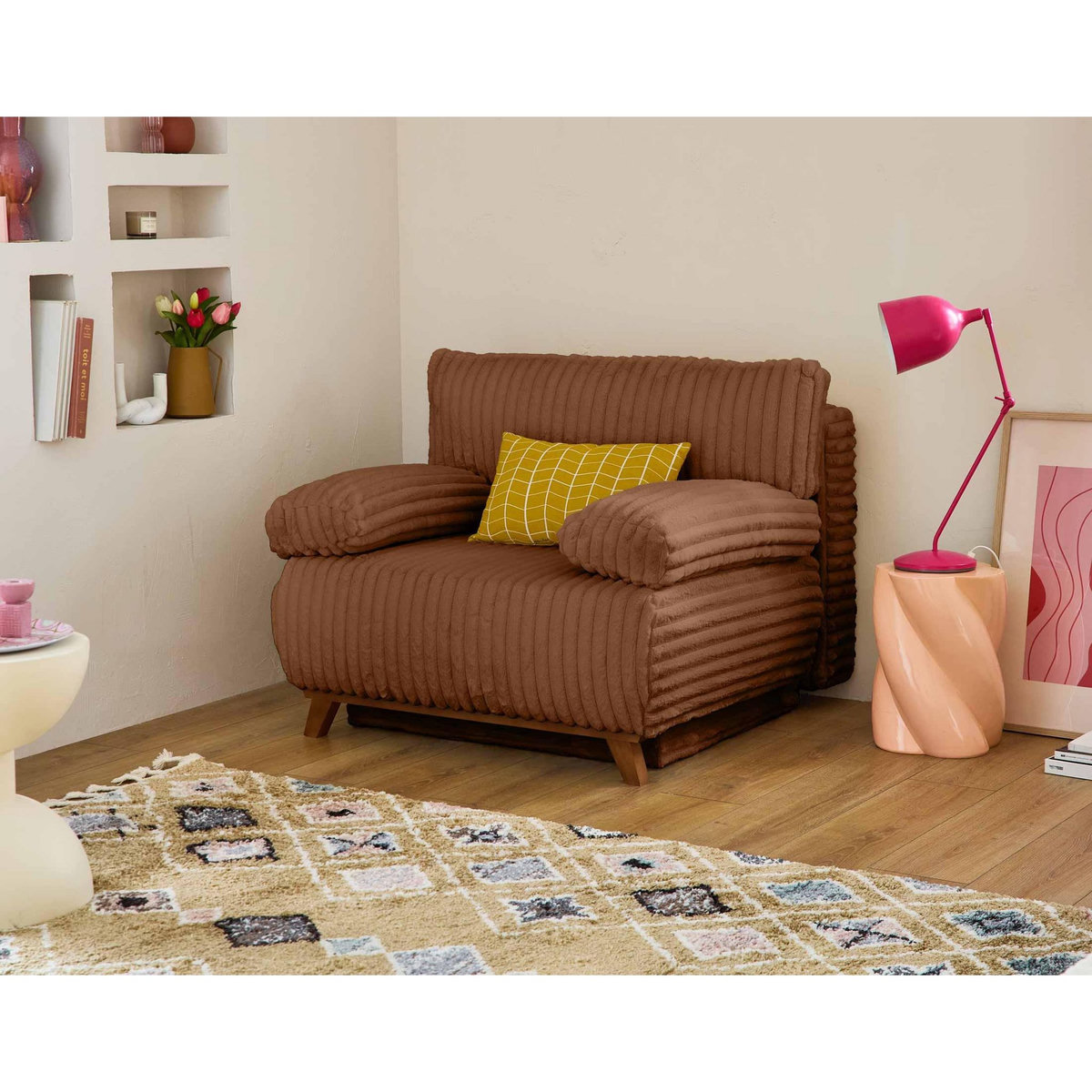 BEST MOBILIER Cristal - fauteuil - convertible avec coffre - en fausse fourrure côtelée