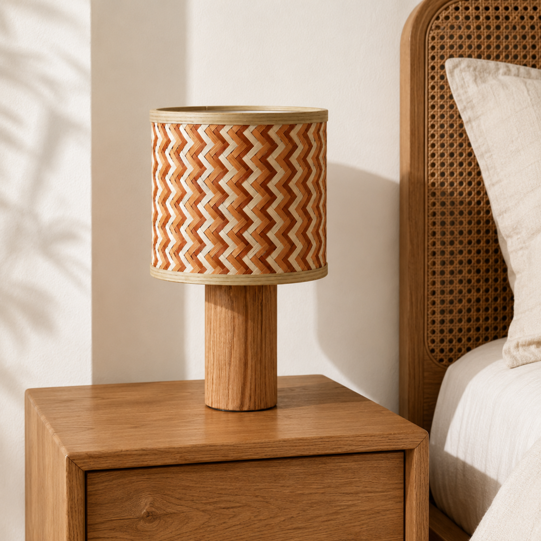 Voir la diapositive 2 : MAISON PAVANE Lampe à poser en bois de chêne et tressage en bambou crème et orange-phil