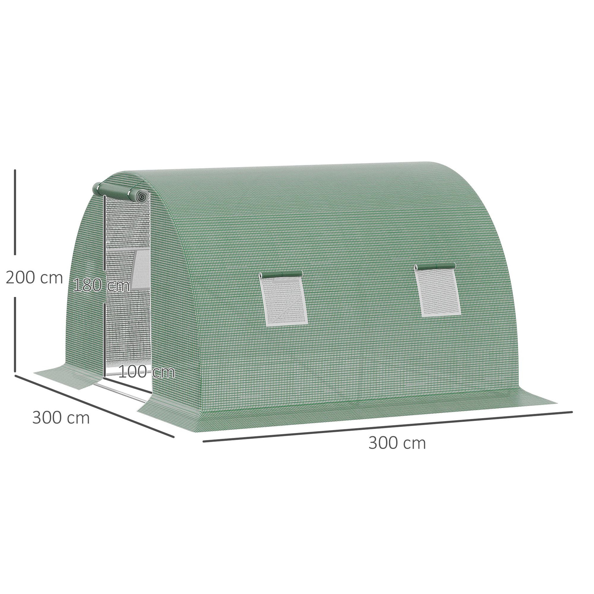 Voir la diapositive 3 : OUTSUNNY Serre tunnel de jardin 9 m² - 3 x 3 x 2 m - 4 fenêtres, porte zippée enroulable - acier galvanisé PE haute densité vert