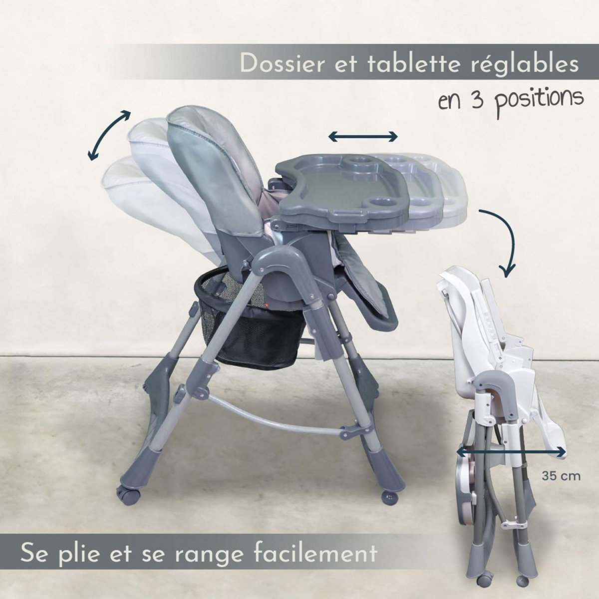Monsieur Bébé Chaise haute bébé pliable réglable hauteur dossier tablette - Ptit