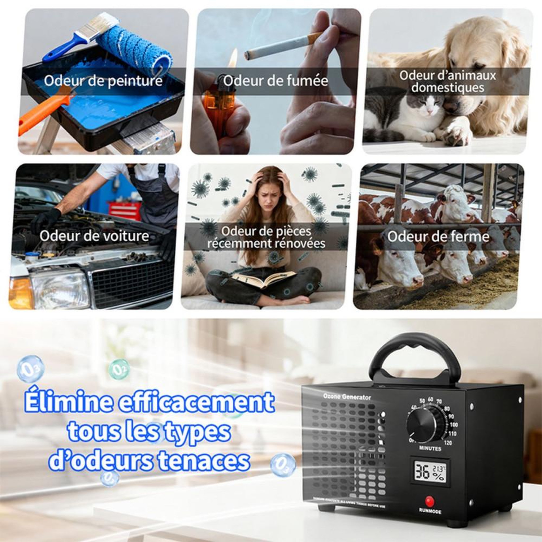 Voir la diapositive 2 : Purificateur d'air avec générateur d'ozone 65 000 mg/h, 300 m², sans filtre, minuteur 120 min, noir
