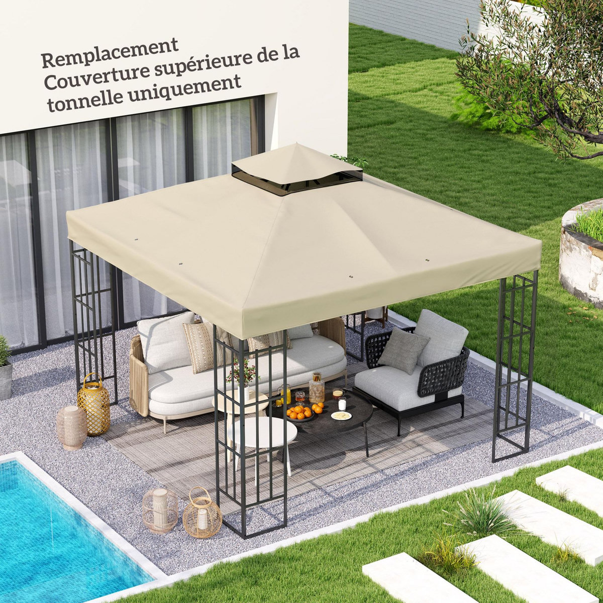 OUTSUNNY Toile de rechange barnum tonnelle 3 x 3 m - toit double avec œillets drainage - polyester haute densité 370 g/m² beige