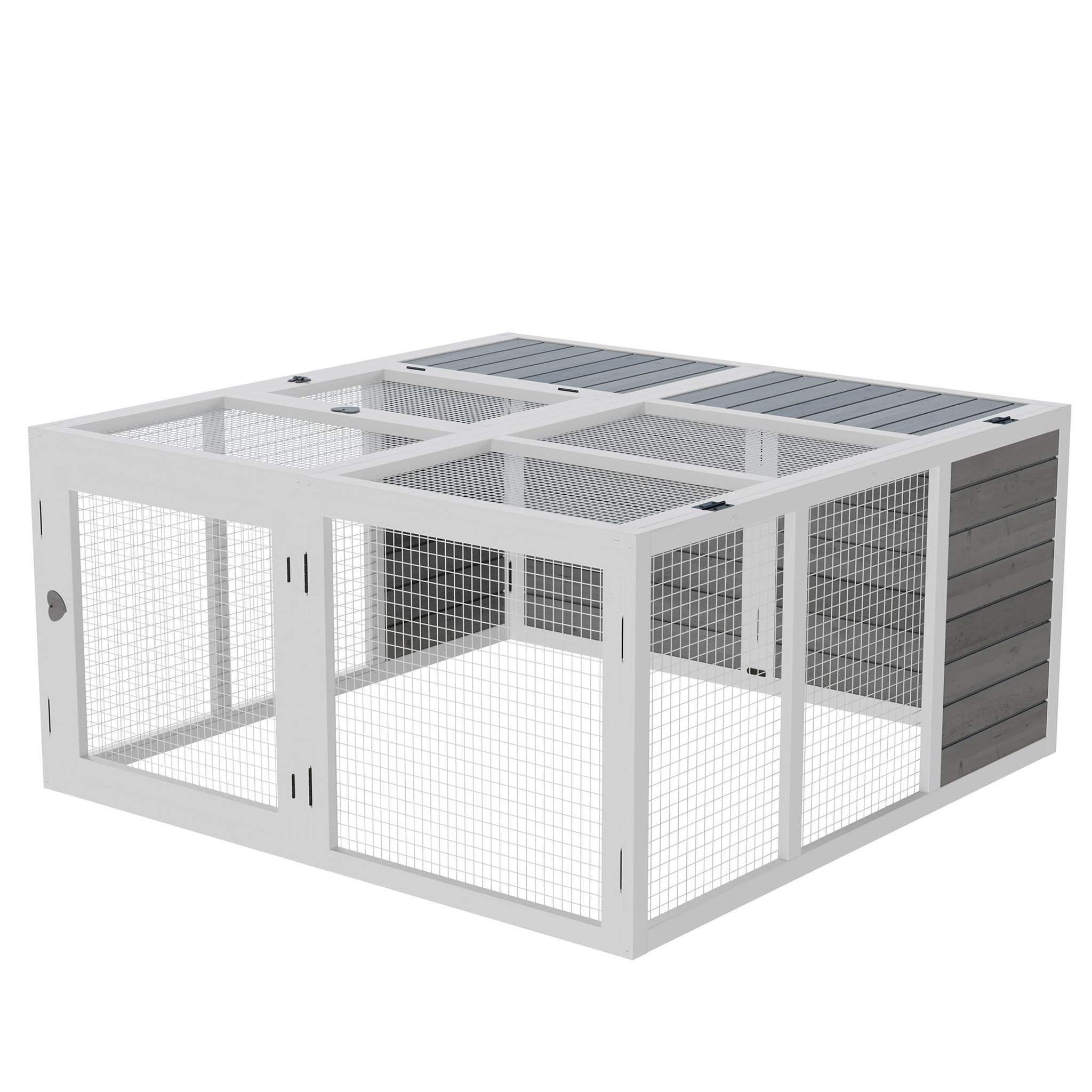 Voir la diapositive 1 : PAWHUT Clapier de sol enclos extérieur 2 portes verrouillables toit pliant ouvrant fil métallique bois sapin pré-huilé peint gris blanc