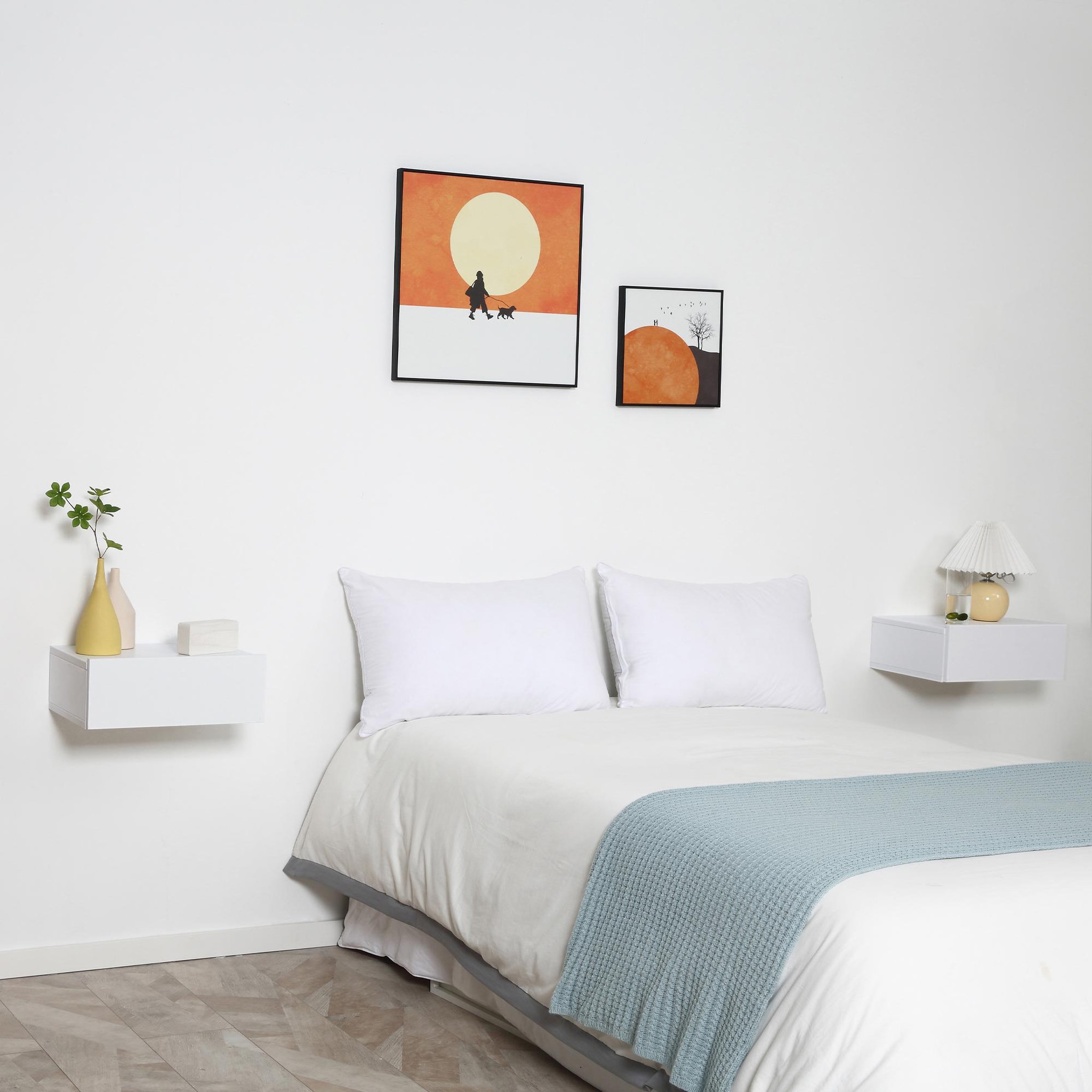 Voir la diapositive 5 : HOMCOM Lot de 2 tables de chevet murales - lot de 2 tables de nuit - tiroir coulissant, plateau - panneaux particules blanc
