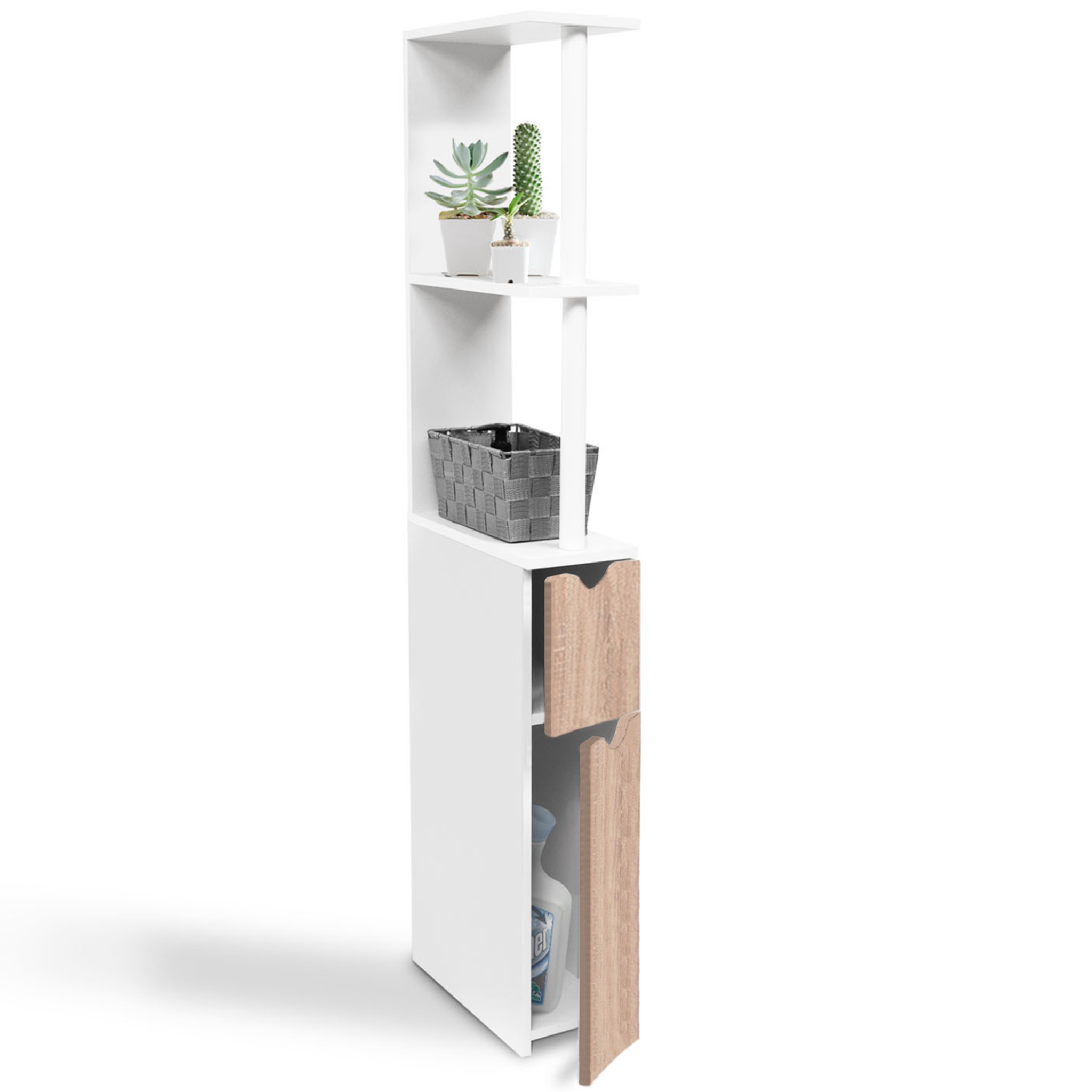 ID MARKET Meuble wc étagère willy bois 2 portes blanc et hêtre