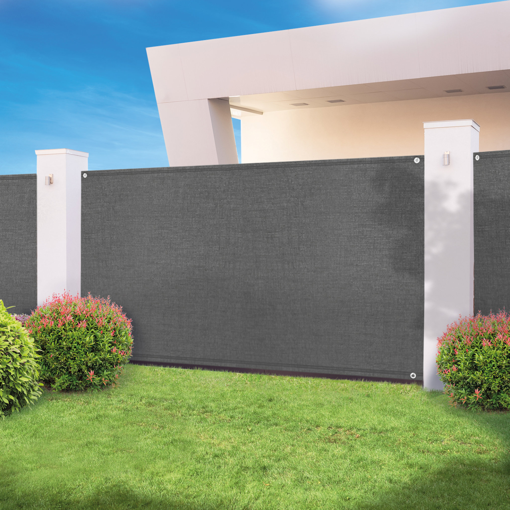 Voir la diapositive 2 : ID MARKET Brise vue haute densité 1,5 x 10 m gris 300 gr/m² qualité pro