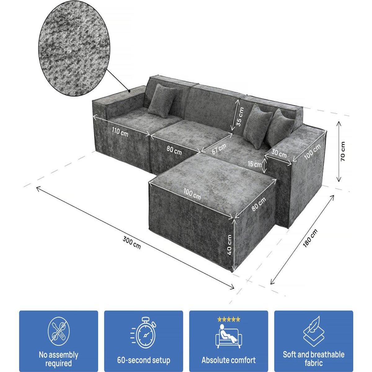 Habitat et Jardin Canapé droit modulable avec ottoman en tissu texturé  Lusso  - 4 places - Gris