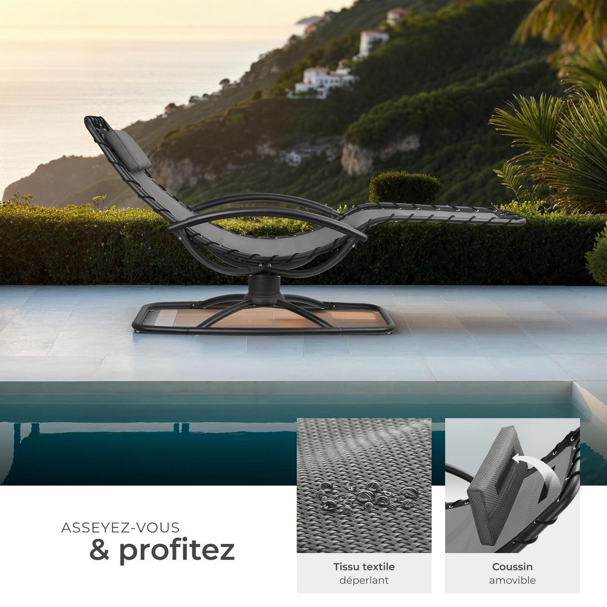 tectake Chaise longue de jardin ergonomique avec mouvement de balancement confortable gris