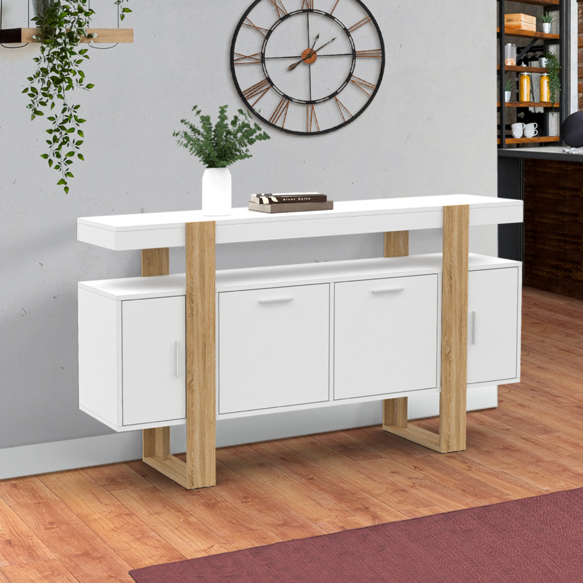 ID MARKET Buffet 140 cm PHOENIX 4 portes blanc et bois