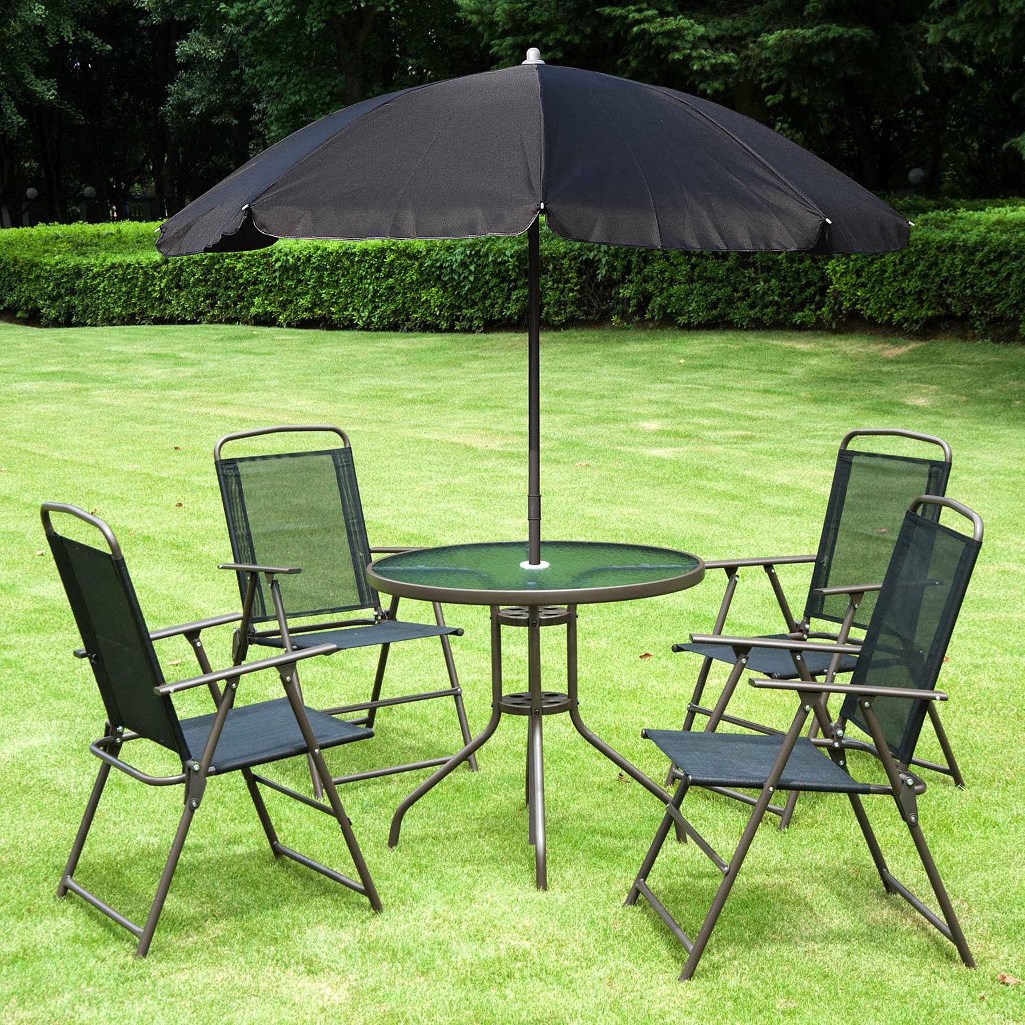 Voir la diapositive 2 : OUTSUNNY Ensemble salon de jardin 6 pcs - table ronde + 4 chaises pliables + parasol - acier époxy café textilène polyester noir