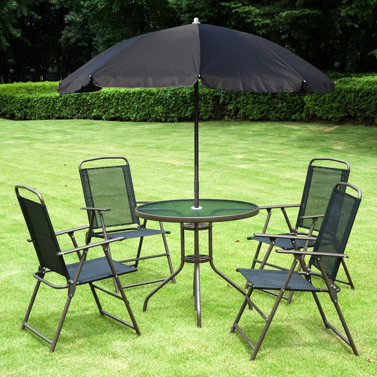 OUTSUNNY Ensemble salon de jardin 6 pcs - table ronde + 4 chaises pliables + parasol - acier époxy café textilène polyester noir