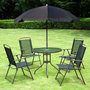 Voir la diapositive 2 : OUTSUNNY Ensemble salon de jardin 6 pcs - table ronde + 4 chaises pliables + parasol - acier époxy café textilène polyester noir