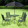 Voir la diapositive 2 : OUTSUNNY Ensemble salon de jardin 6 pcs - table ronde + 4 chaises pliables + parasol - acier époxy café textilène polyester noir