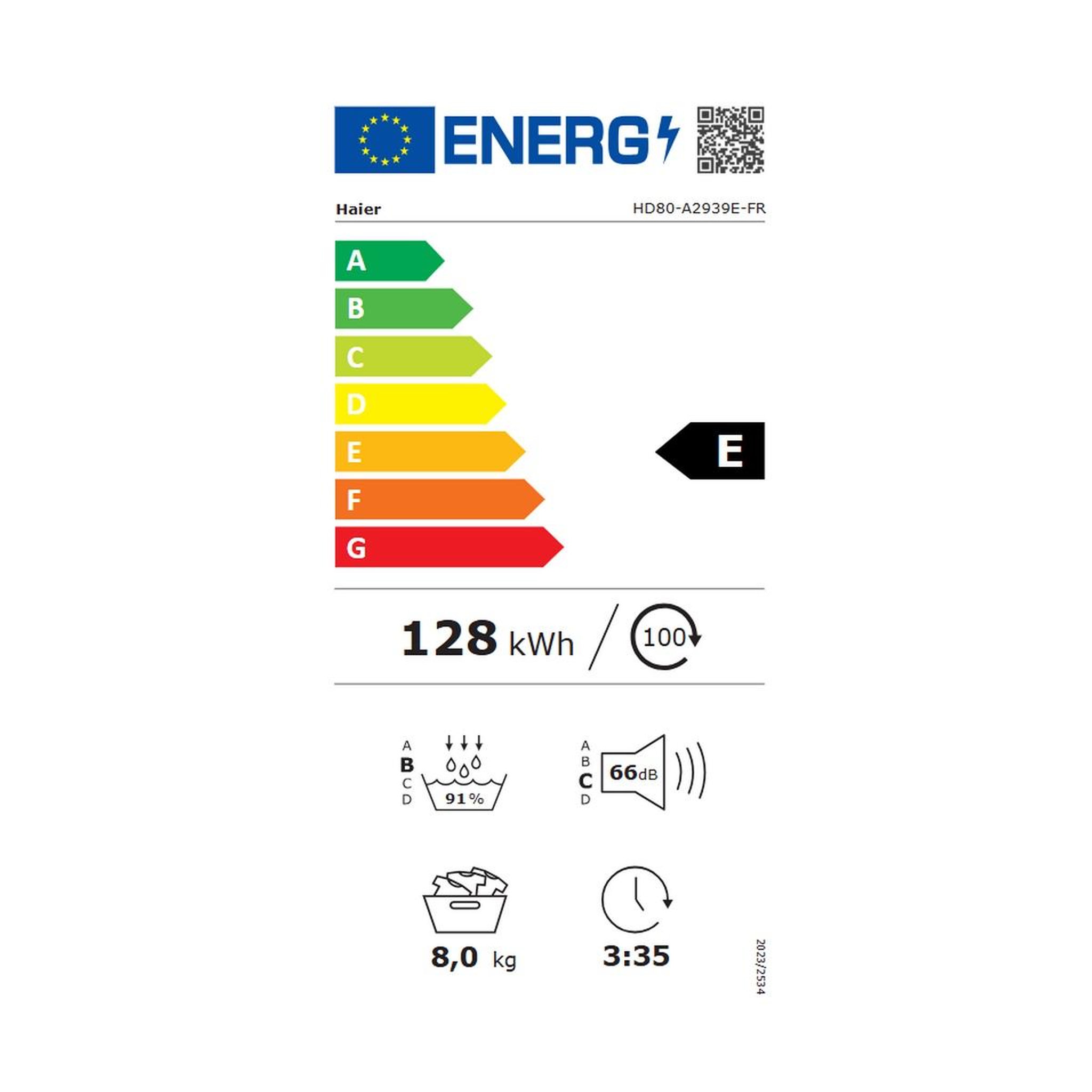 Voir la diapositive 2 : HAIER Sèche-linge pompe à chaleur 60cm 8kg blanc - hd80-a2939e-fr