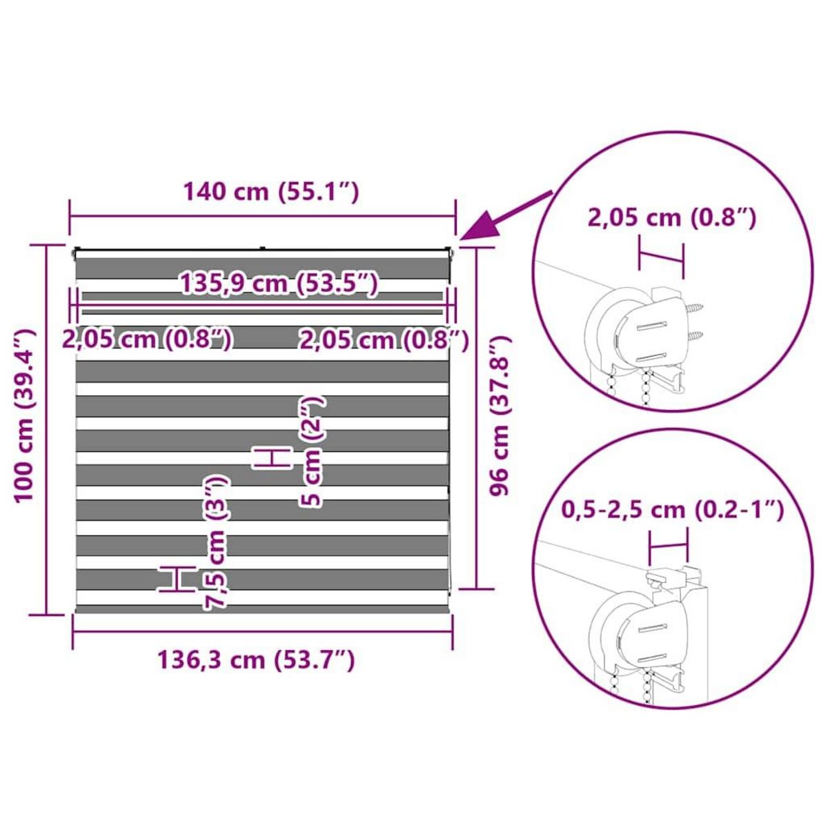 VIDAXL Store zebre gris fonce largeur du tissu 135,9 cm polyester