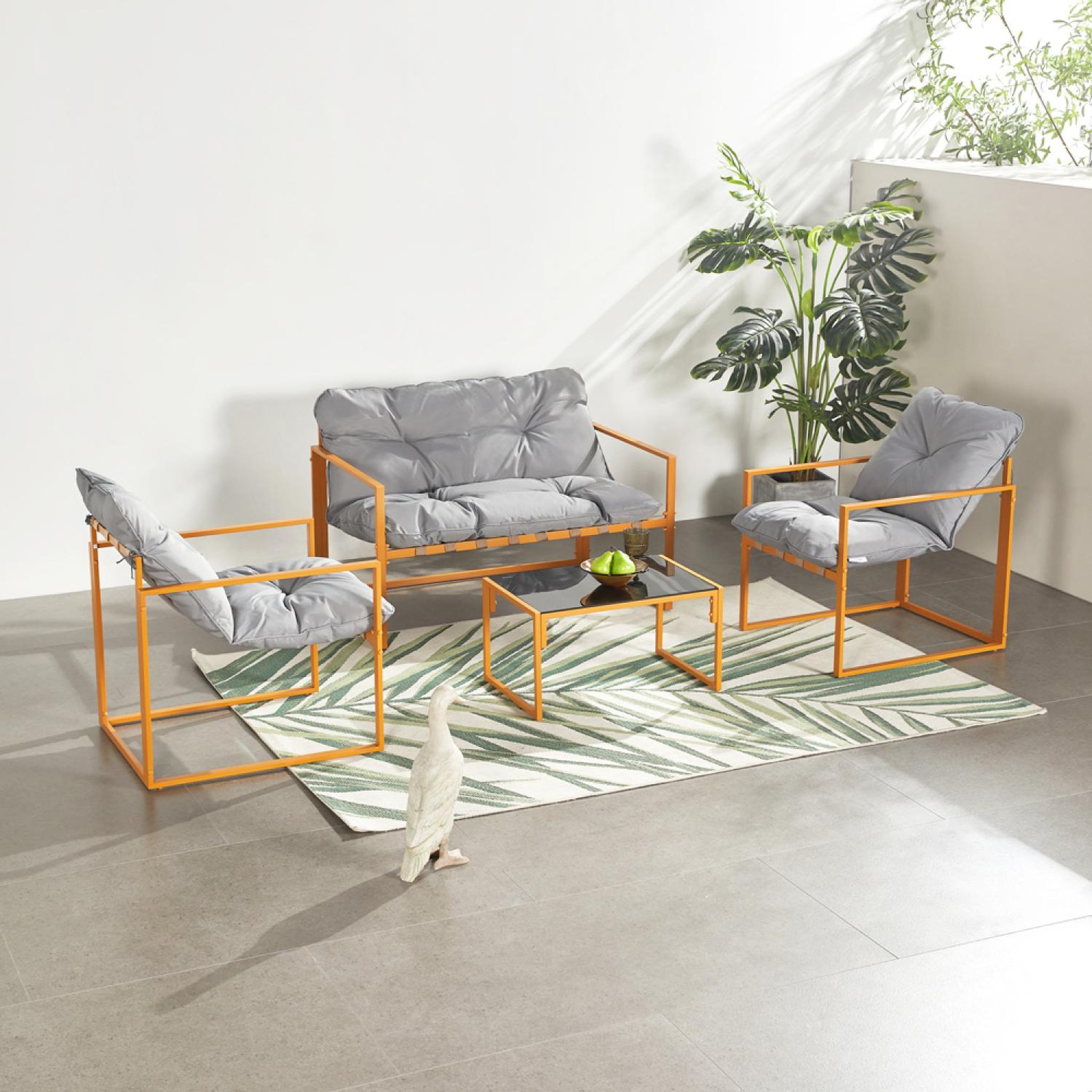 Voir la diapositive 4 : CONCEPT USINE Salon de jardin 4 places contemporain brun et coussins gris rabat