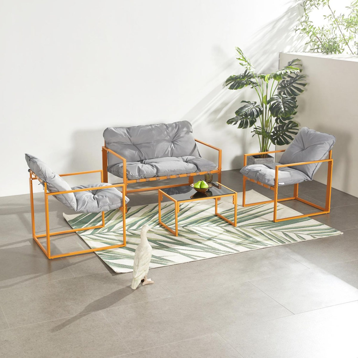 CONCEPT USINE Salon de jardin 4 places contemporain brun et coussins gris RABAT