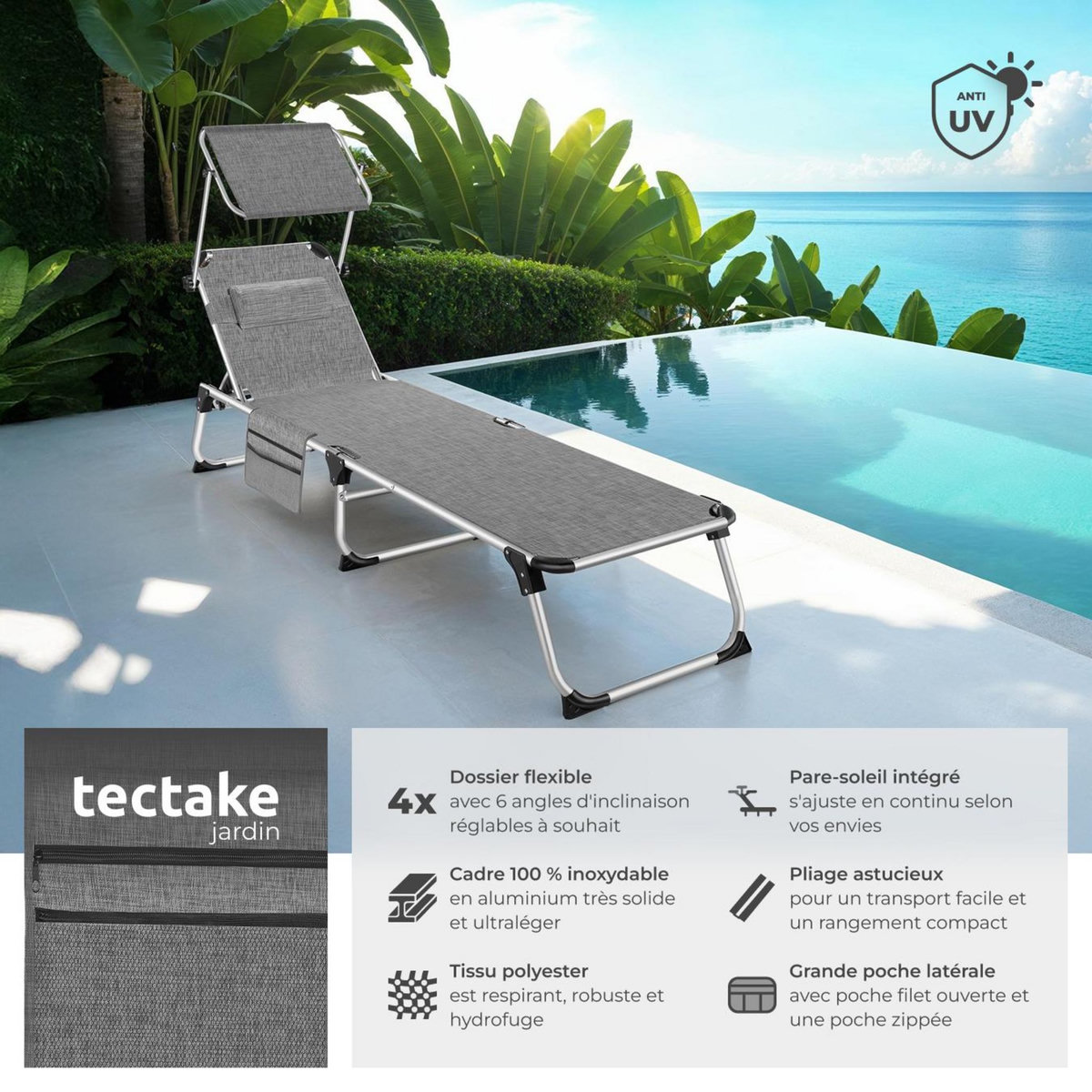 tectake Bain de soleil pliable avec oreiller gris tacheté