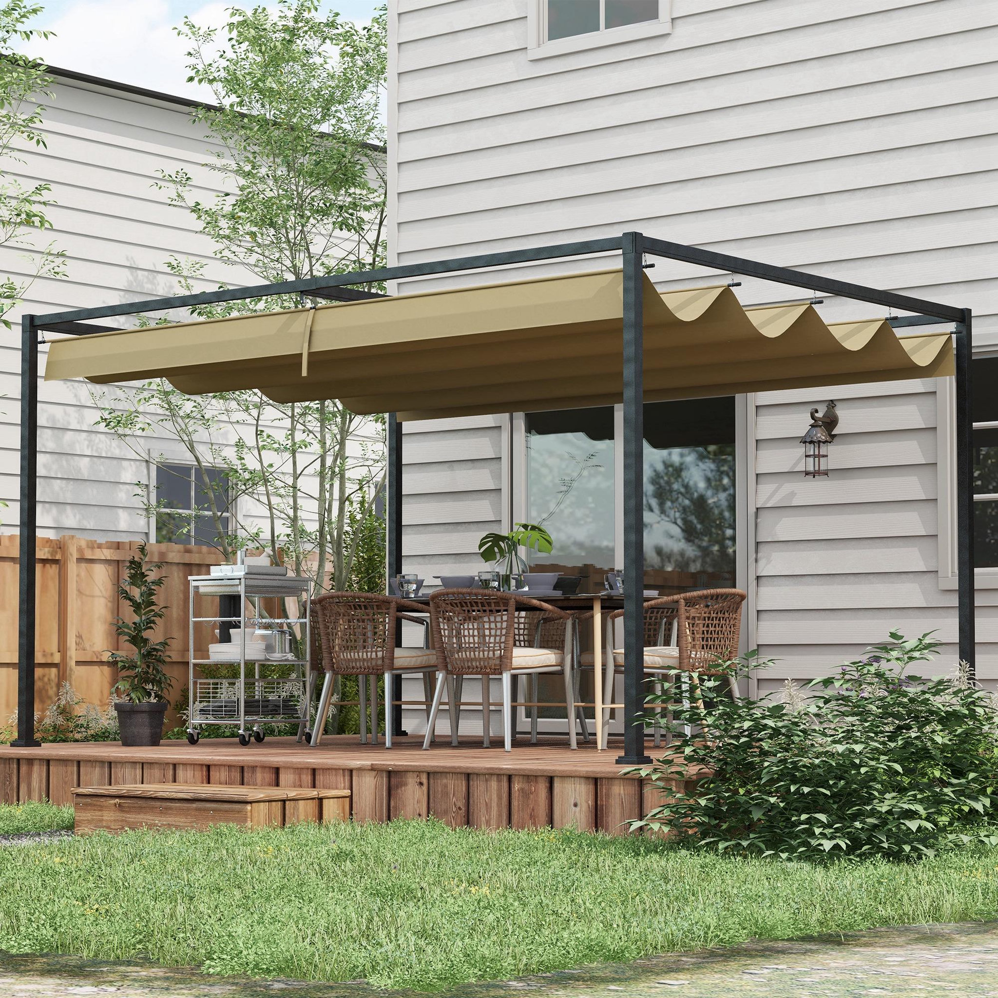 Voir la diapositive 2 : OUTSUNNY Pergola rétractable 2,98L x 2,13l x 2,22H m structure métal époxy anticorrosion toile polyester haute densité 180 g/m² incluse kaki