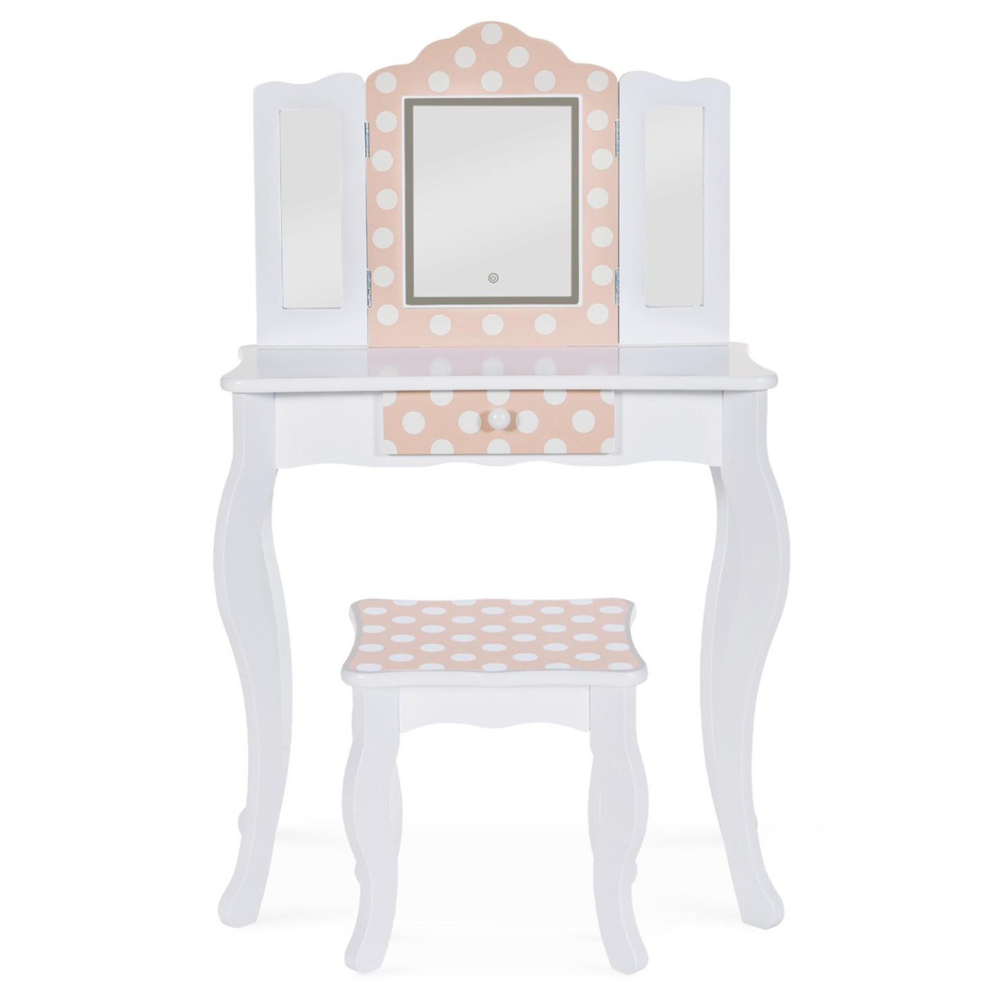 Voir la diapositive 3 : ID MARKET Coiffeuse enfant roza led blanche et rose avec 3 miroirs et tabouret