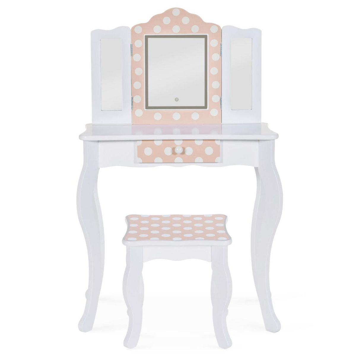 ID MARKET Coiffeuse enfant ROZA LED blanche et rose avec 3 miroirs et tabouret
