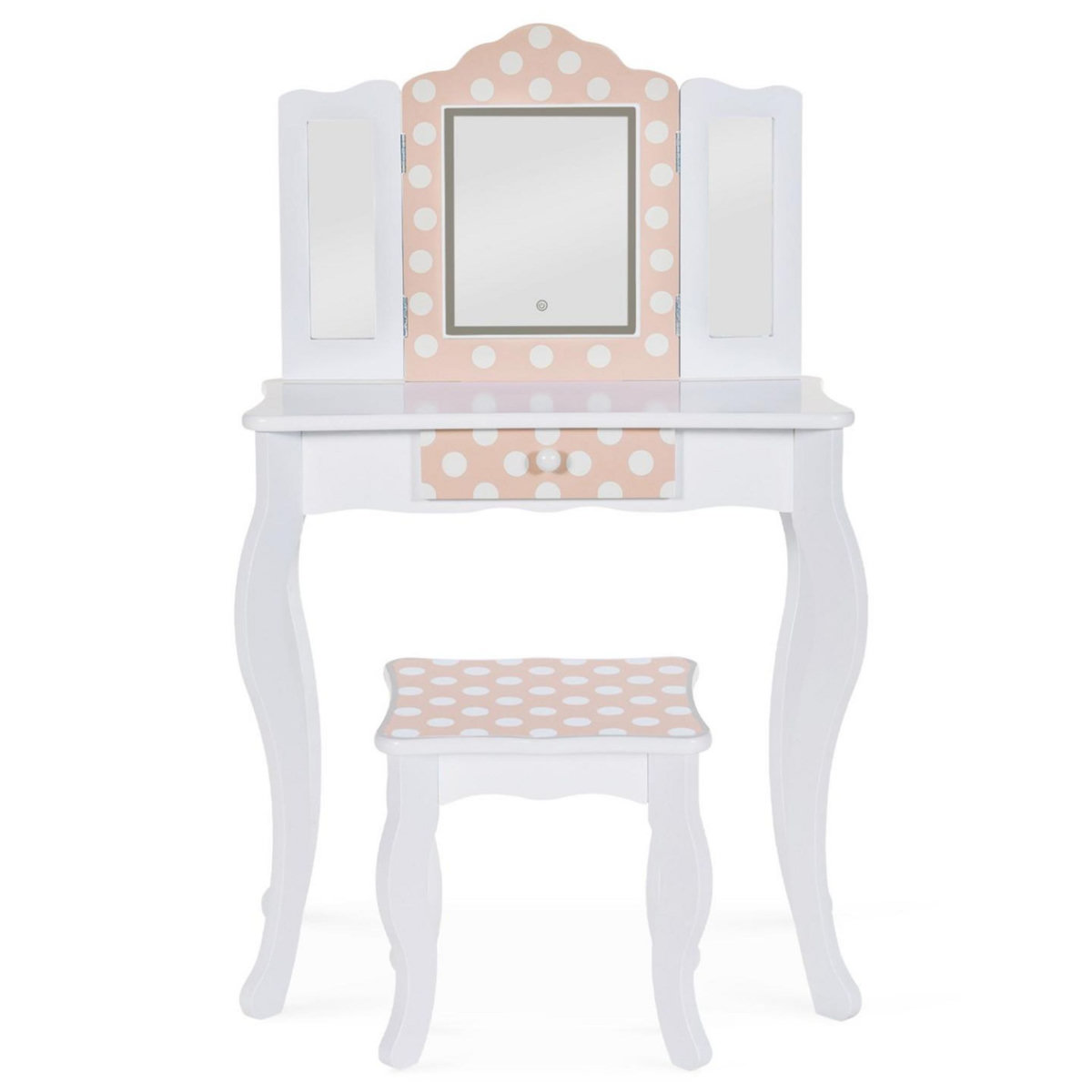 ID MARKET Coiffeuse enfant ROZA LED blanche et rose avec 3 miroirs et tabouret