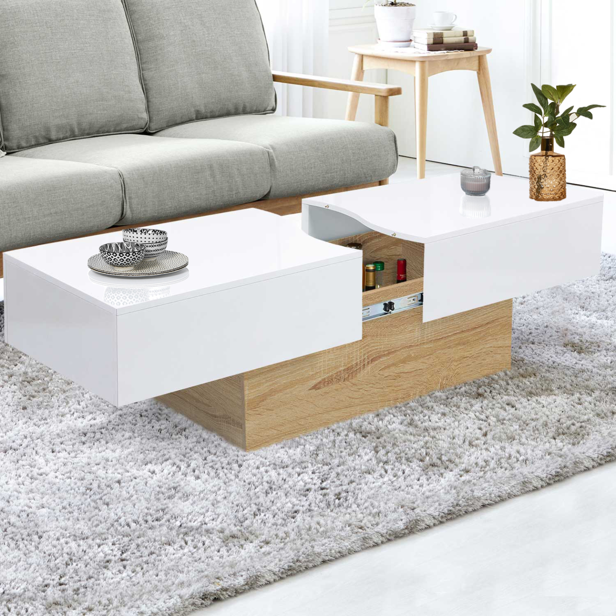 Voir la diapositive 2 : ID MARKET Table basse coulissante rectangulaire marta bois imitation hêtre et blanc