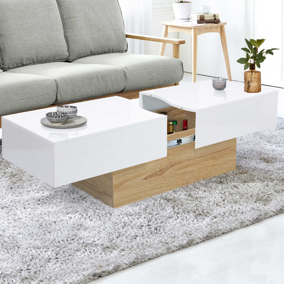 ID MARKET Table basse coulissante rectangulaire MARTA bois imitation hêtre et blanc