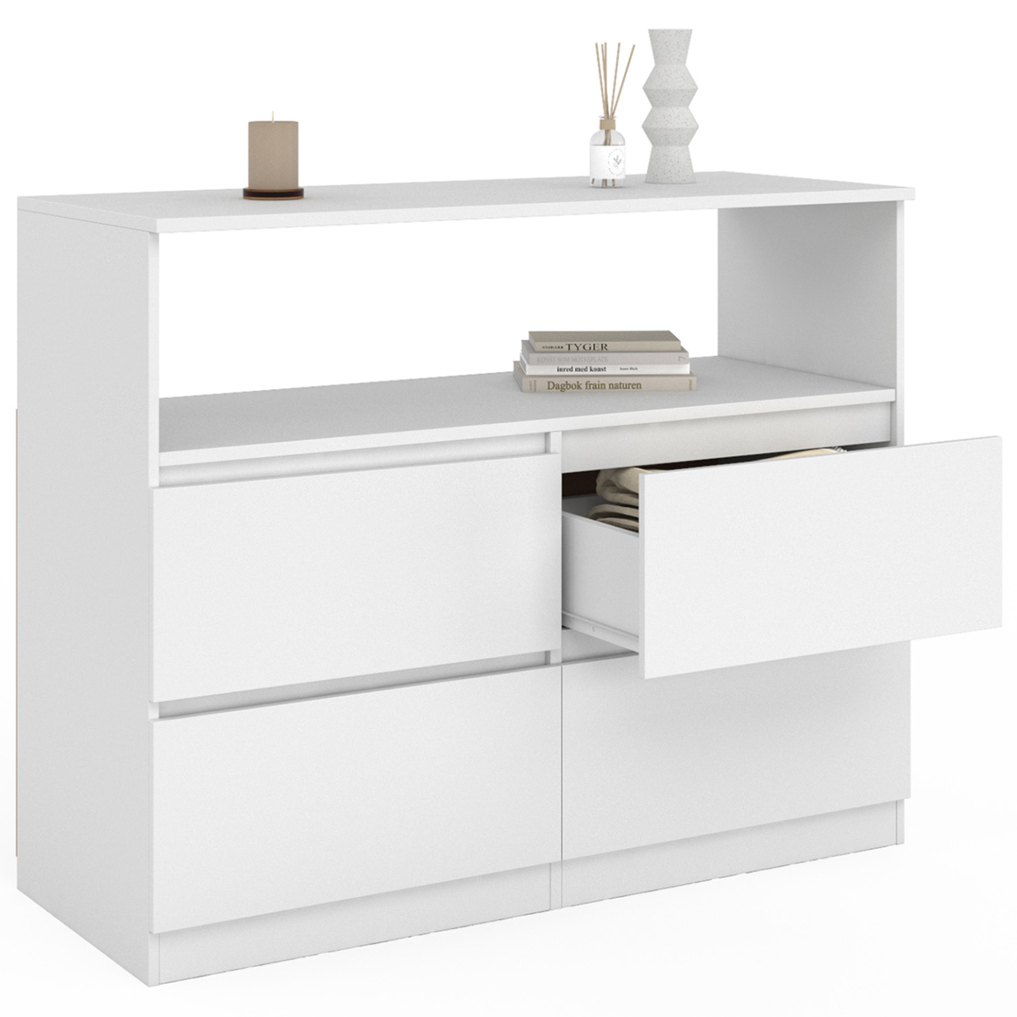 Voir la diapositive 4 : ID MARKET Commode 4 tiroirs tomi 100 cm avec niche bois blanc