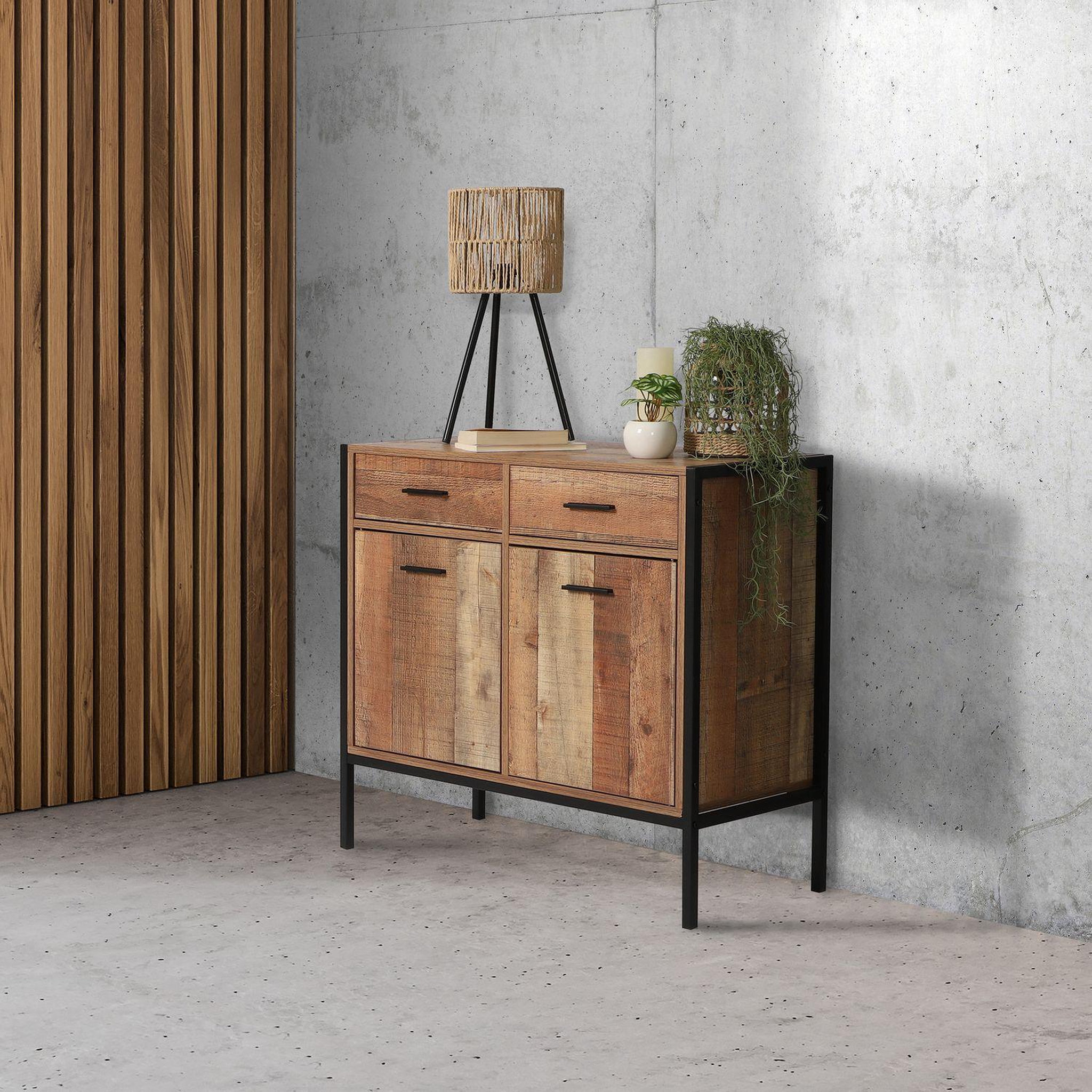 Voir la diapositive 2 : TOILINUX Commode riverside - 2 tiroirs et 2 portes - largeur 84 cm - métal et bois