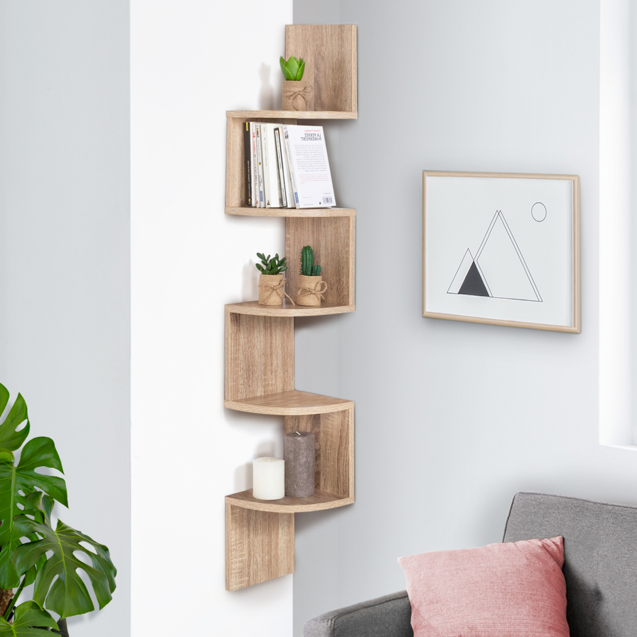 Voir la diapositive 2 : ID MARKET Etagère murale d'angle isa 5 niveaux façon hêtre