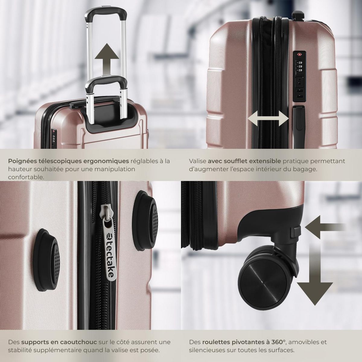tectake Set de valises de voyage 3 pièces en plastique ABS robuste avec revêtement en polycarbonate or rose
