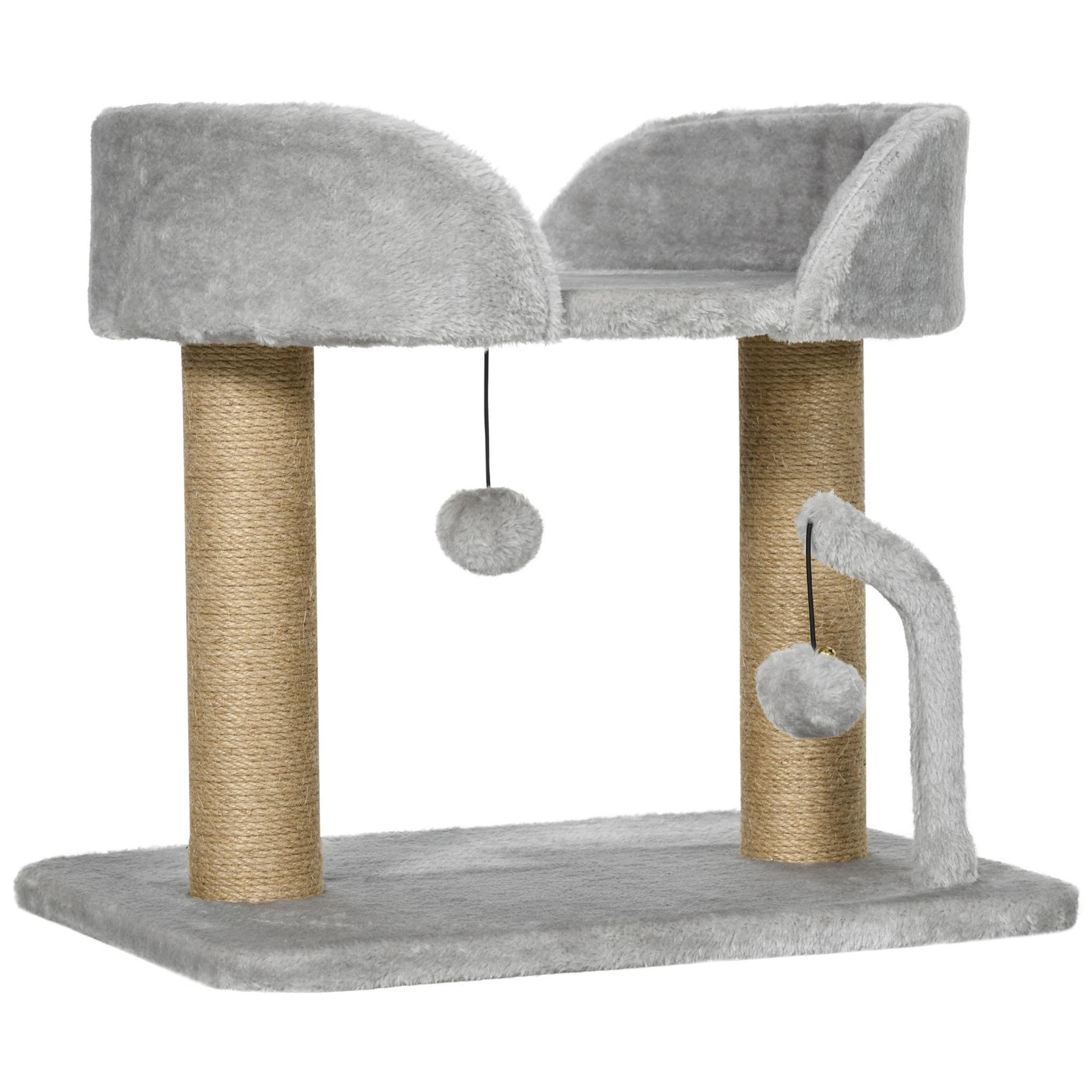 PAWHUT Arbre à chat 2 griffoirs jute naturelle panier jeu 2 boules suspendues avec clochettes peluche grise
