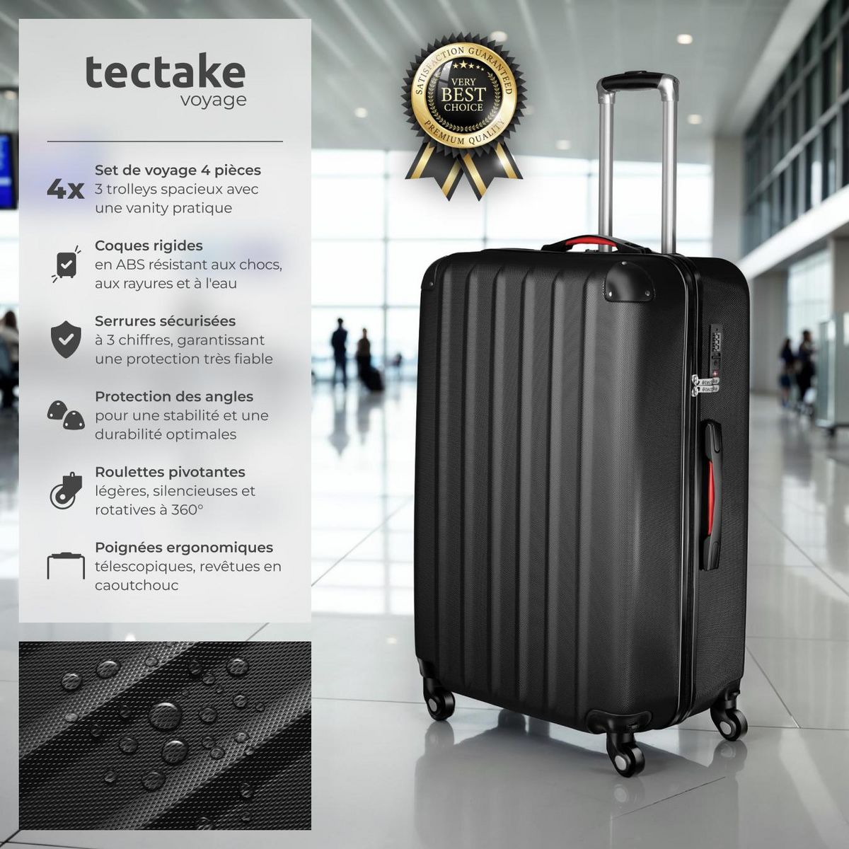 tectake Set de valises trolley rigides 4 pièces, 3 trolleys et une trousse de beauté en plastique ABS robuste noir