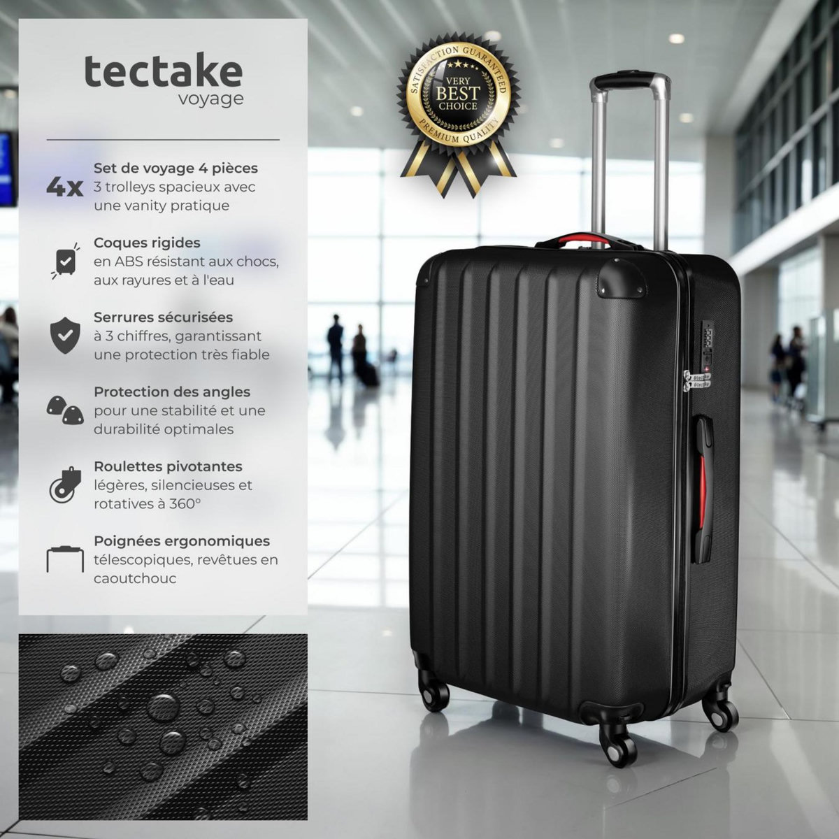 tectake Set de valises trolley rigides 4 pièces, 3 trolleys et une trousse de beauté en plastique ABS robuste noir