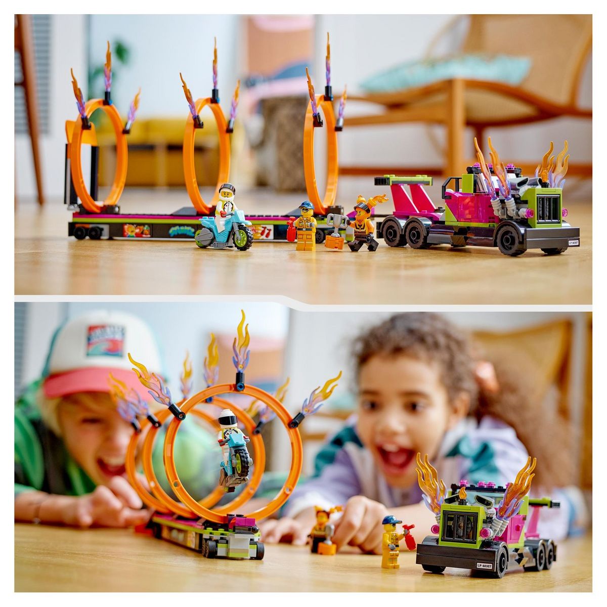 LEGO City 60357 - Le défi de cascade : les cercles de feu, Jouet Moto de Cascadeur avec Camion et Minifigurines