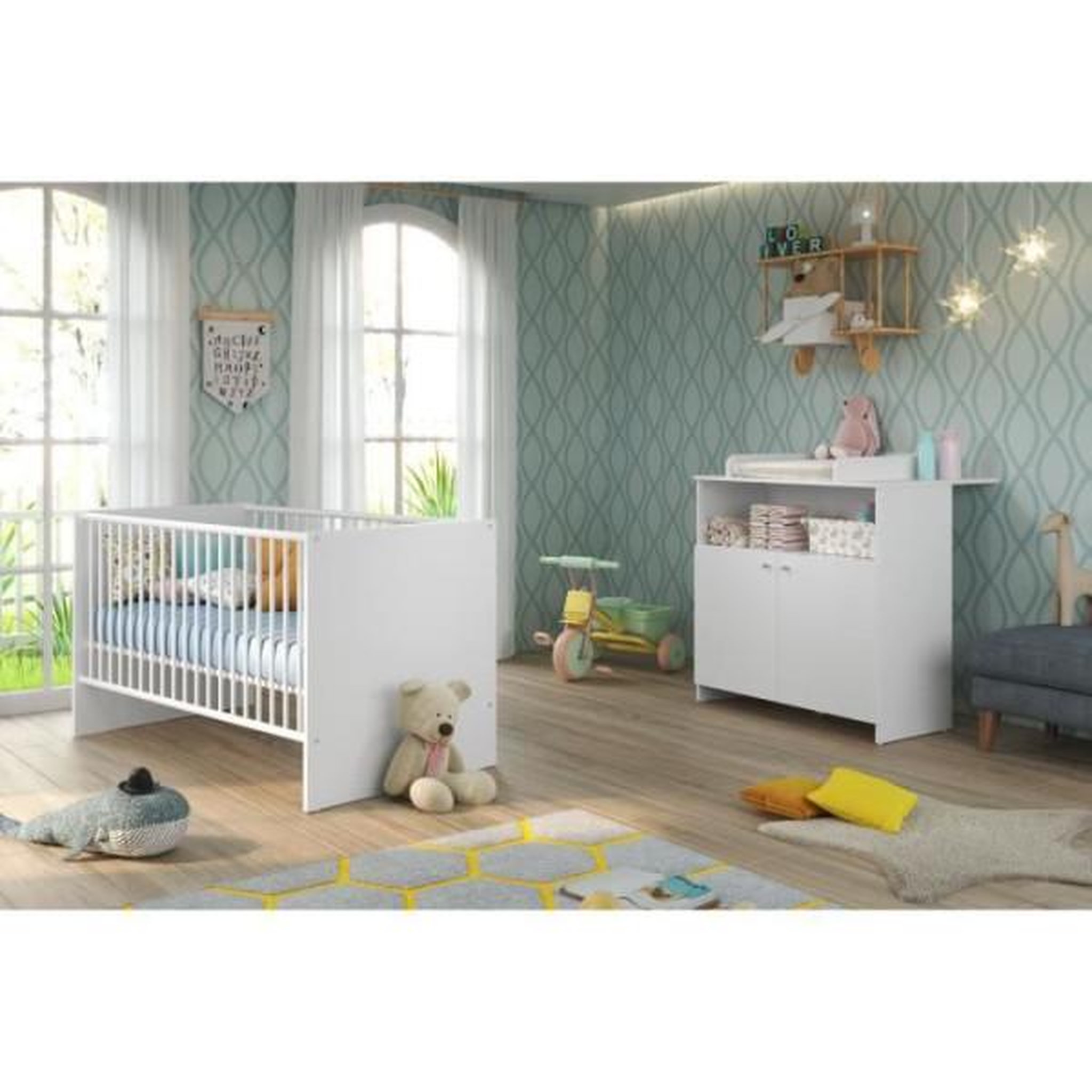 Trendteam Chambre bébé Duo : Lit 70 x 140 cm + Commode a langer NIKO - Blanc - TREND TEAM